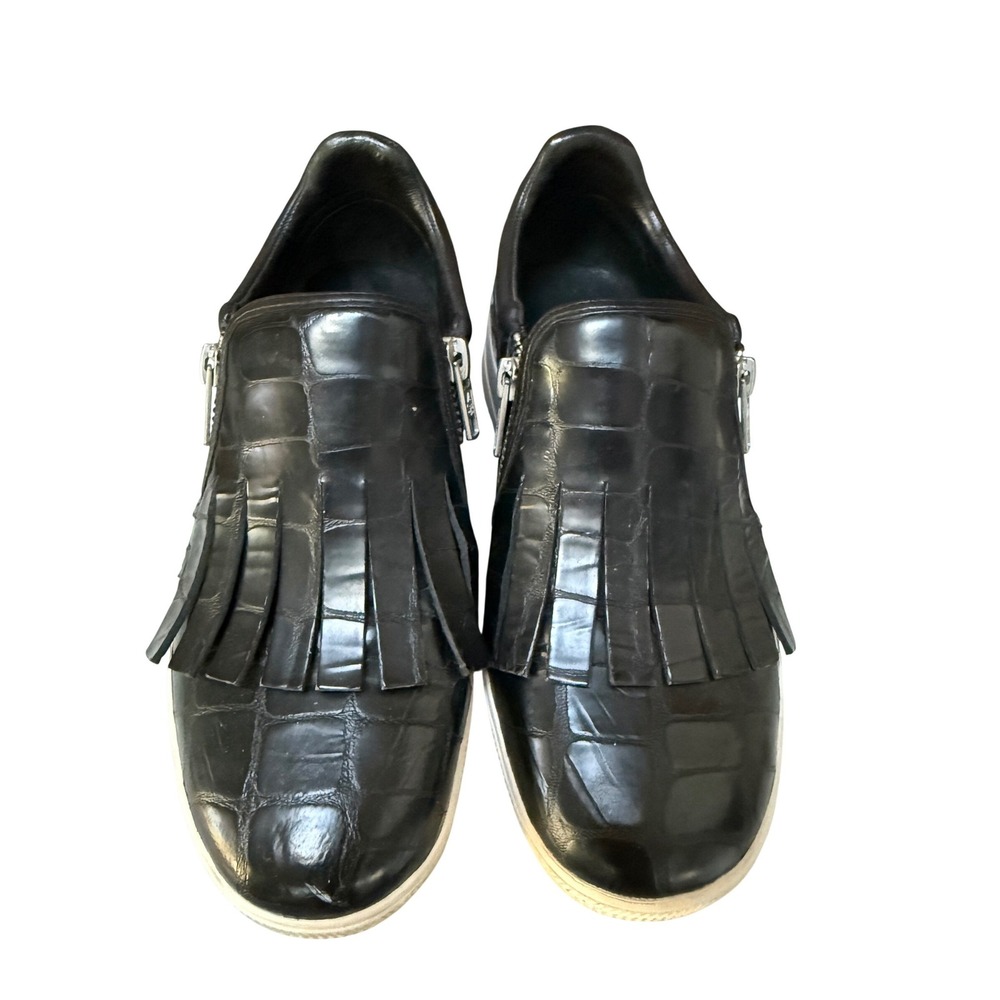 Ash Black Croc Embossed Leather Kiltie Fringe Zip Slip On Sneakers Womens 38‎